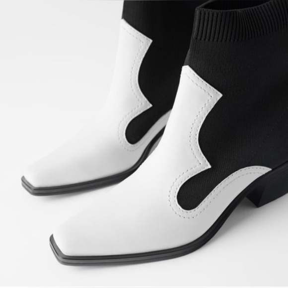 Zara NWOT Black White Contrasting Stretch Heeled Sock Cowboy Ankle Boots,37(6.5) - Picture 1 of 10